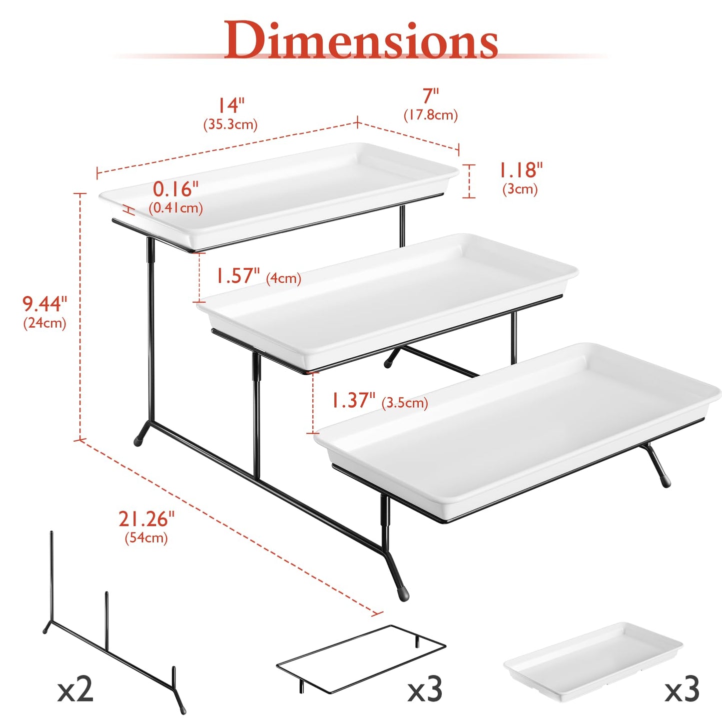 3-Tier Melamine Serving Tray Set, 14"x7" Platters for Serving Food, White Reusable Trays with Black Metal Display Stand for Cupcakes, Sevring Food, Dessert, Fruit, Cookie, Black