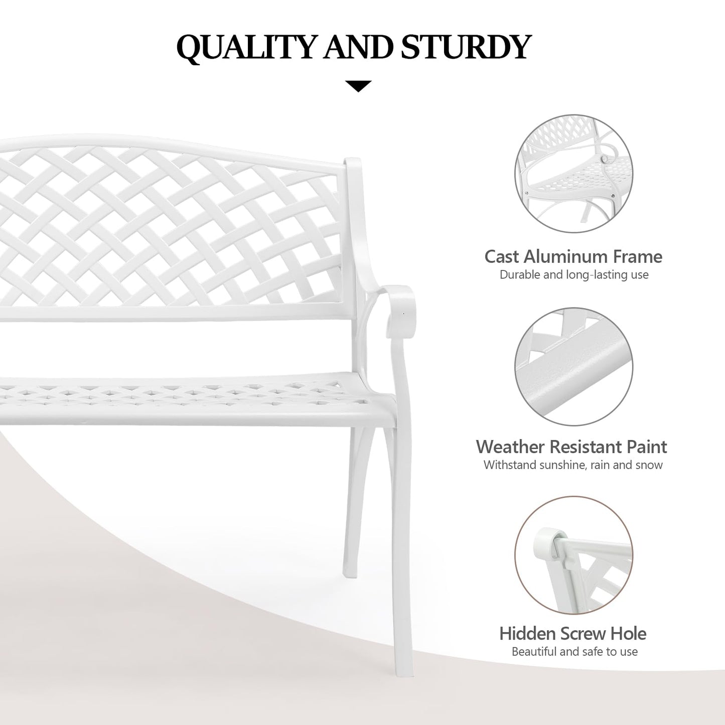 VINGLI 40.5" Patio Garden Bench,Anti- Rust Cast Iron Cast Aluminum Frame for Outdoor Path Yard Lawn Work Entryway Decor Deck (White)