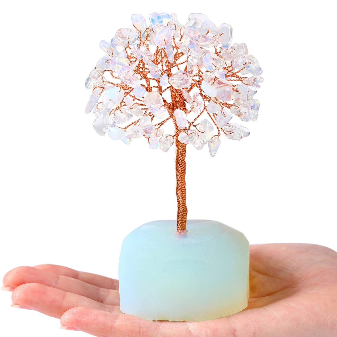 QINJIEJIE Opal Healing Crystals Tree of Life Decor - Natural Crystal Stone Reiki Gemstone White Opalite Base Copper Wire Home Office Decorations Spiritual Feng Shui Gift