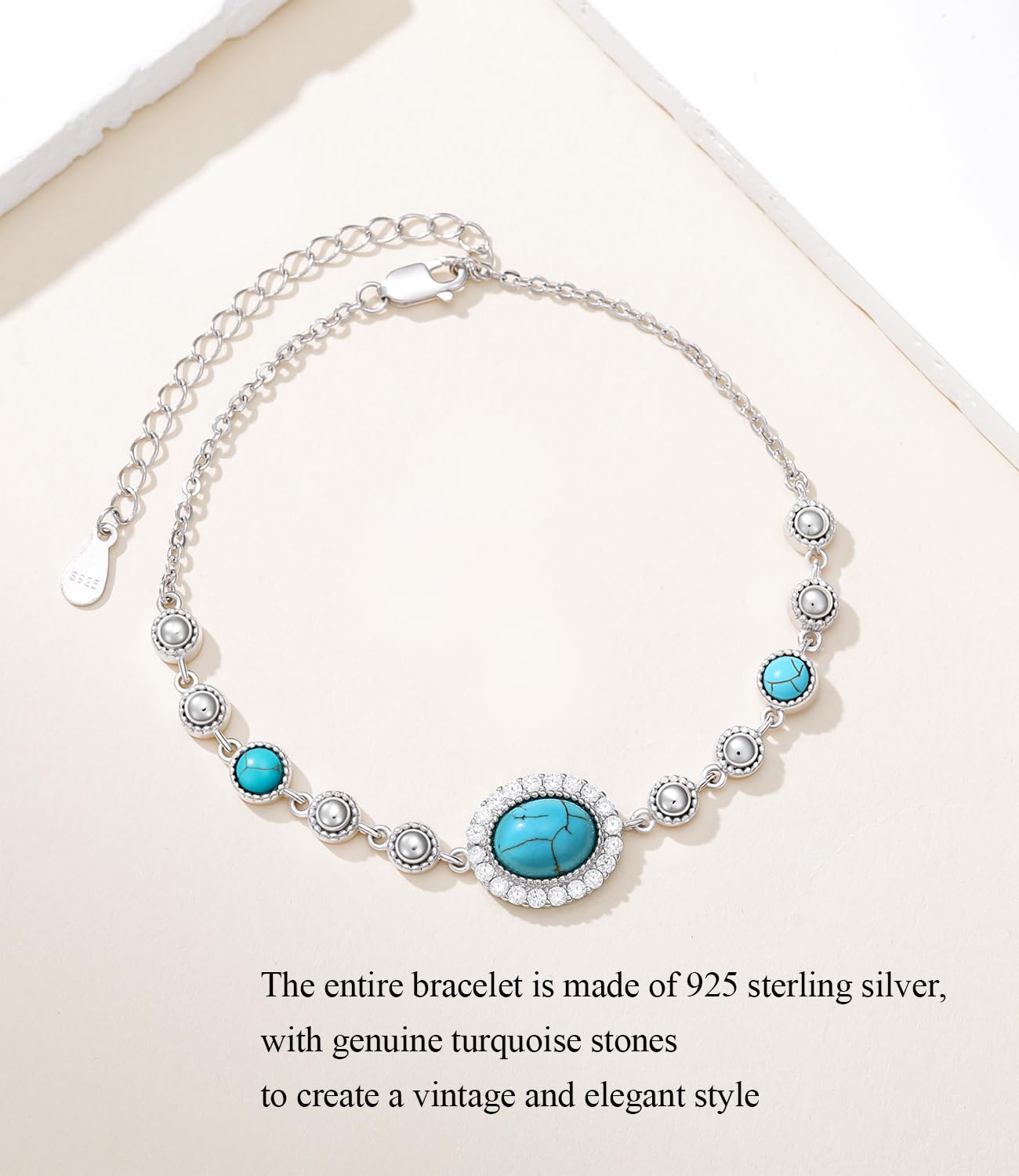 DOLIOX Real Turquoise Adjustable Bracelet for Women with CZ 925 Sterling Silver Elegant Genuine Green Gemstones Bracelets Jewelry for Her Wife Mom
