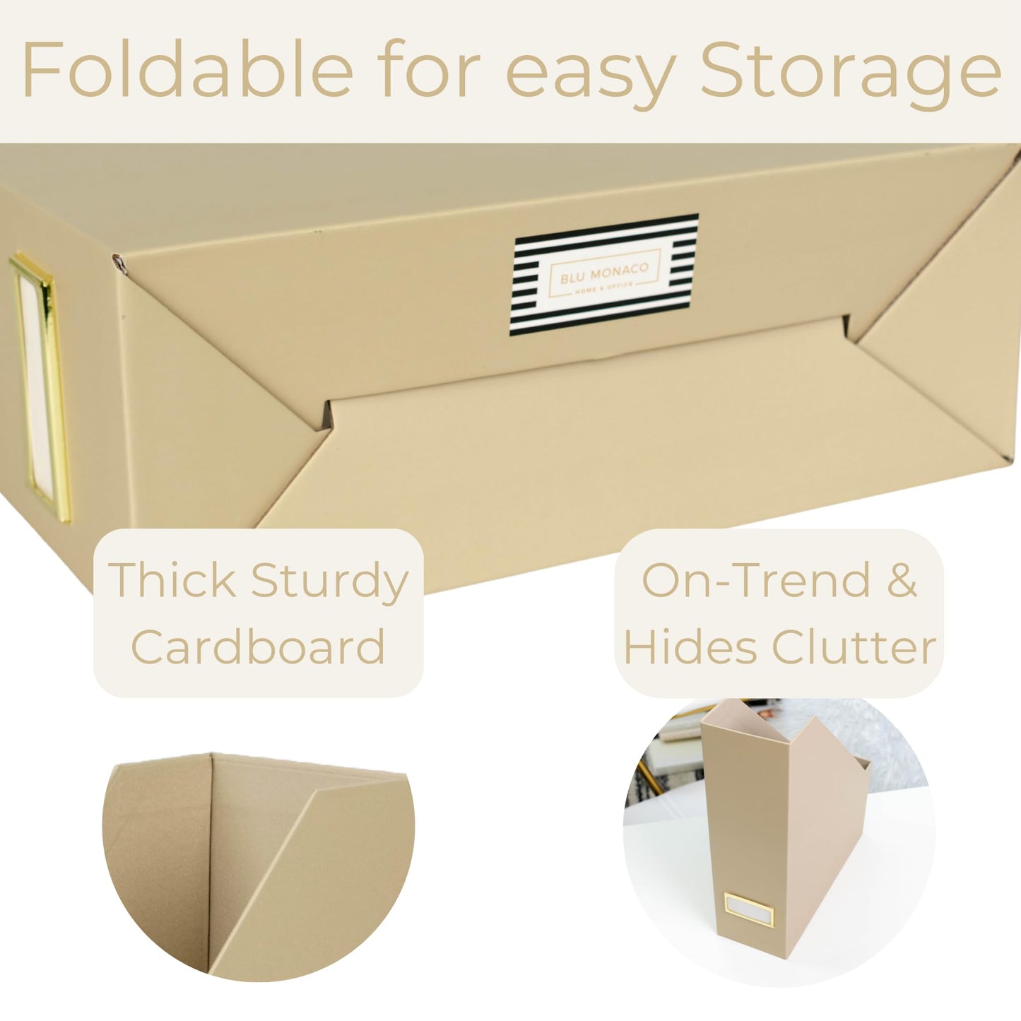BLU MONACO | Set of 6 Foldable Taupe Magazine File Holders with Label Holders | Vertical File Organizer & File Storage Boxes for Desk, Shelves & Home Office