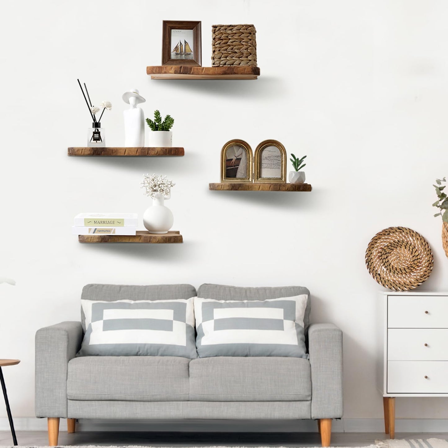 Pinkunn 4 Pcs Floating Shelves for Wall Wooden Live Edge Shelf Wall-Mounted Natural Solid Wood Bedroom Kitchen Storage Living Room Nursery Decor (15.8/11.8/7.9 Inch)