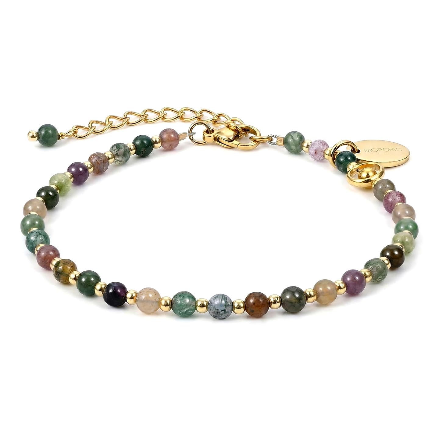 Morchic 3mm Multi-Color India Agate Natural Gemstone Beaded Bracelet for Women, Dainty Charm Jewelry, Adjustable 7.1-8.6", Ideal Birthday Holiday Gift