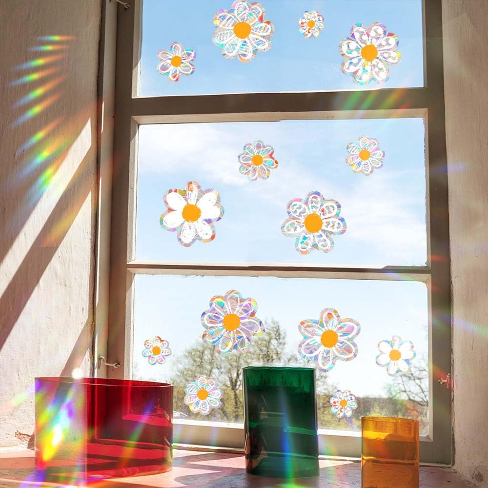 12pcs Spring Summer Daisy Window Stickers, Double-Side Glass Decals Shiny Rainbow Prism Anti Collision Window Clings for Mirror Glass Display Shop Office School Supplies Reusable