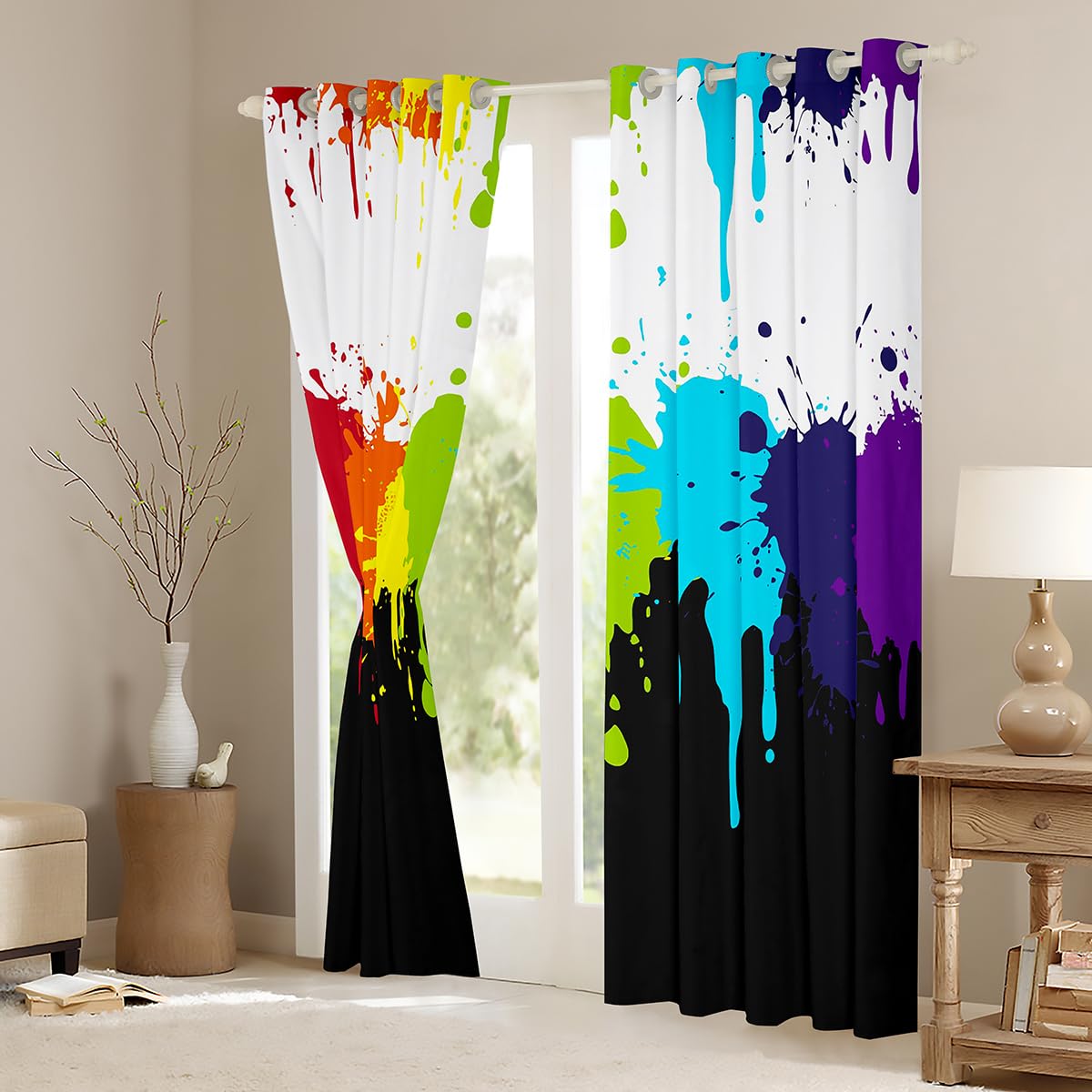 Erosebridal Rainbow Tie Dye Blackout Curtains 76Wx45L,Colorful Splash Paint Window Curtains Home Dorm Room Multicolor Grafitti Curtains Luxury,Modern Abstract Window Drapes Black White