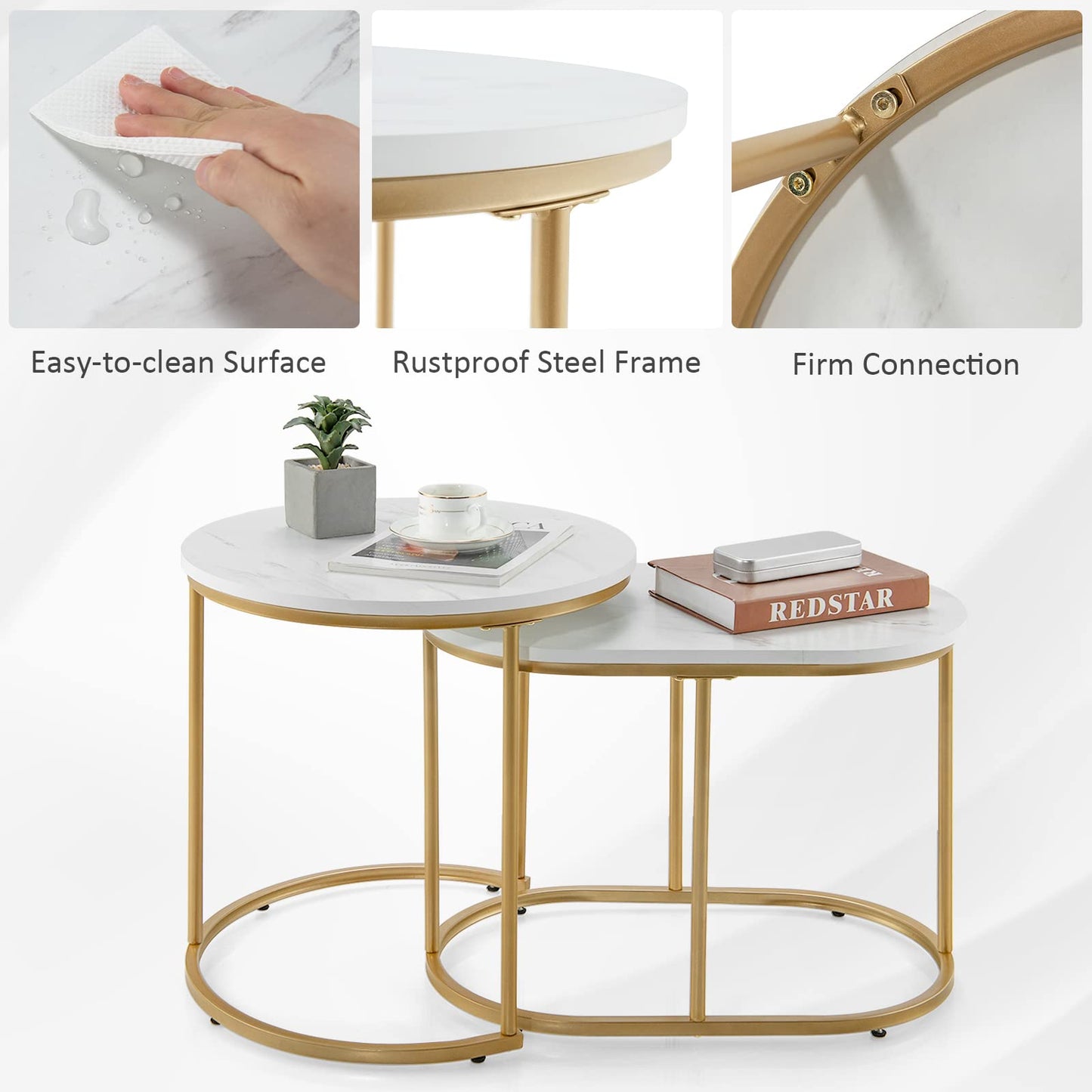 Giantex Modern Nesting Coffee Table Set of 2, Coffee Table & End Table Sets, Golden Steel Frame, Easy Assembly, Accent Marble-Look Stacking Side Table for Living Room Bedroom Apartment (Gold)