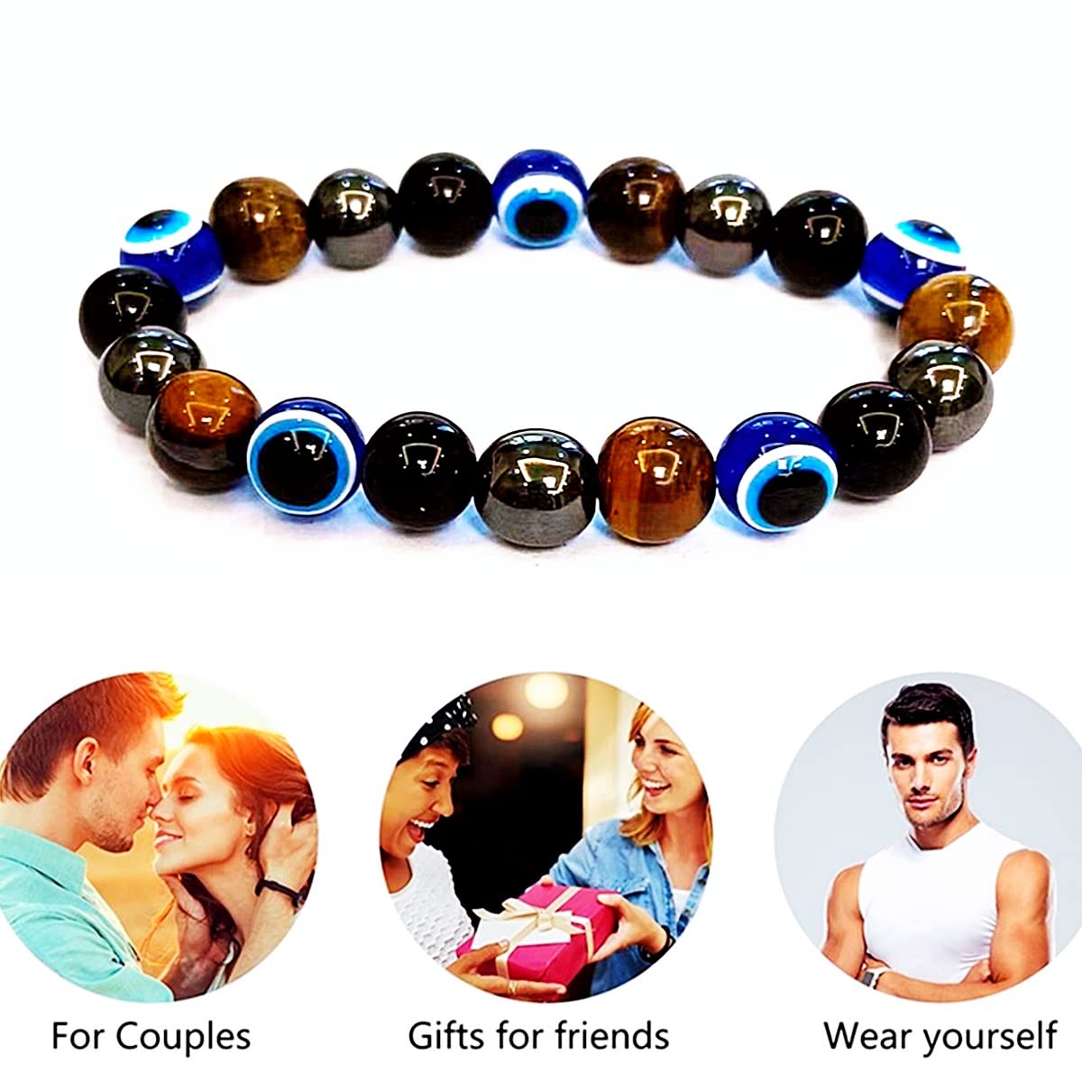 WEFRIN Triple Protection Bracelet for Bring Luck and Prosperity Hematite Black Obsidian Tiger Eye Stone Bracelets for Men Women, Beaded Buddha Healing Rope Uni Bracelet (2pcs) (D)