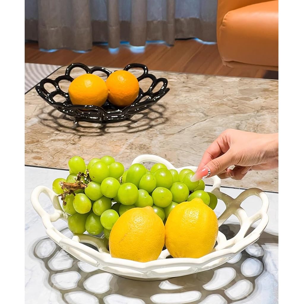 KITCISSL Fruit Bowl Ceramic Fruit Plate Living Room Household Coffee Table Decor, Coffee Table Decorative Centerpiece Candy Snacks Storage Basket Modern Creative Hollow Fruit Basket(White)