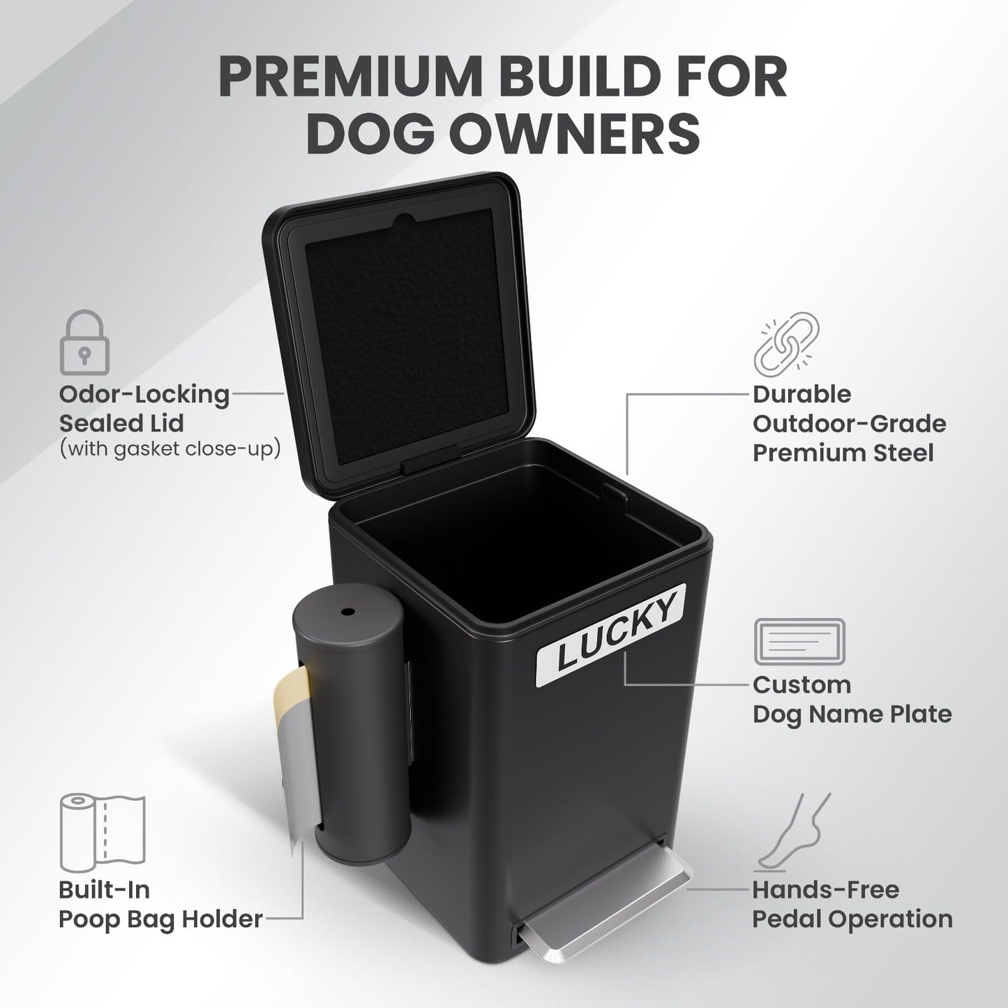 Dog Poop Trash Can Outside, 6L Metal Outdoor Dog Waste Bin with Lid & Soft Close Pedal, Pet Waste Container with Charcoal Filter, Removable Inner Bucket, Bag Holder, Stickers & Custom Name Plate