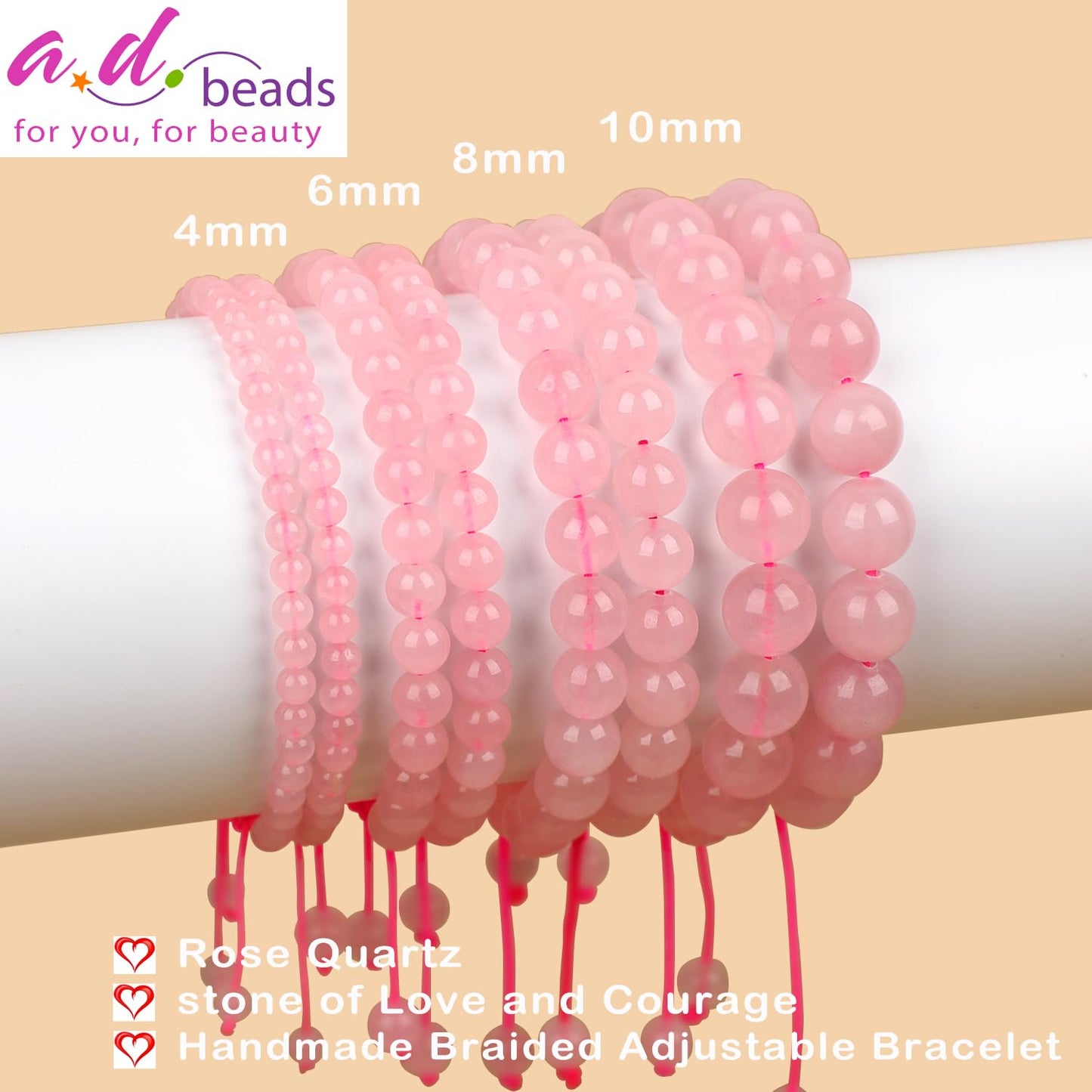 AD Beads 8mm Rose Quartz Bracelet - Stone of stone of Love and Courage - Handmade Natural Stone Crystal Bracelet with Adjustable Macrame String - Yoga Healing Power Energy Gifts for Men and Women