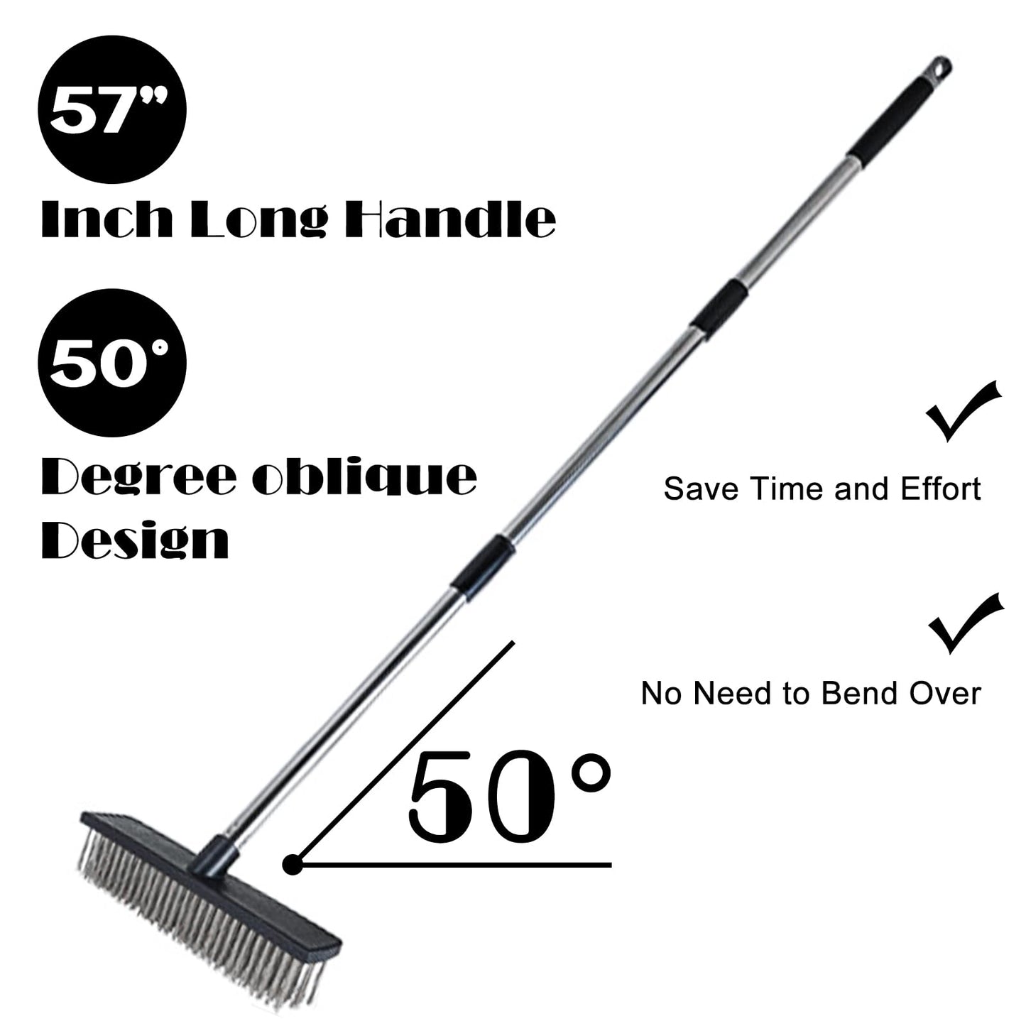 Heavy Duty Wire Push Broom Brush, 15.7" Stainless Steel Bristle Deck Brush with Long Handle for Removing Weeds, Outdoor Broom for Rough Surface Dirt