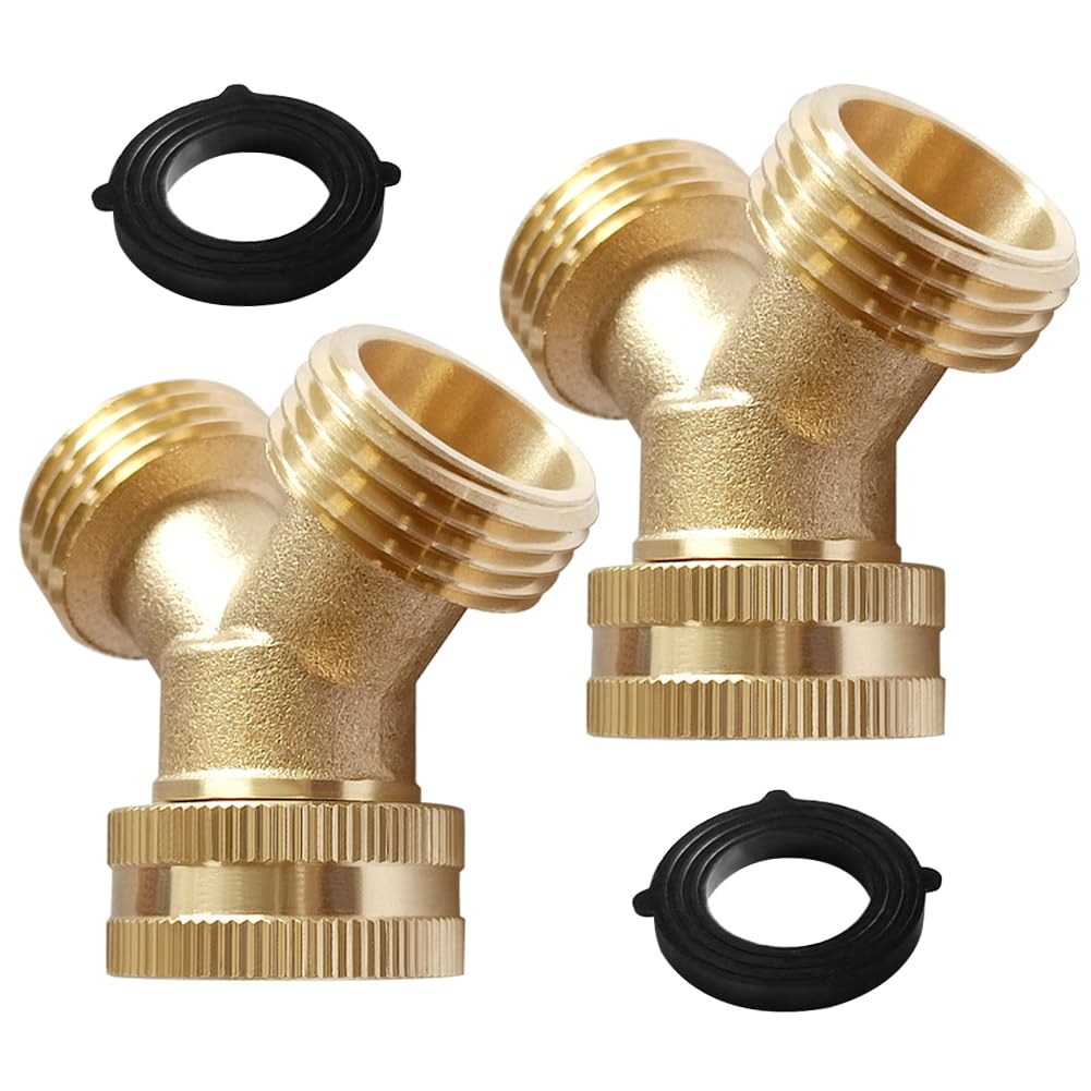 Joywayus 2PCS Brass 3/4" GHT Garden Hose Splitter Body Backyard 2 Way Y Shaped Swivel Connector Threaded Pipe Fitting Coupler Adapter with Washer