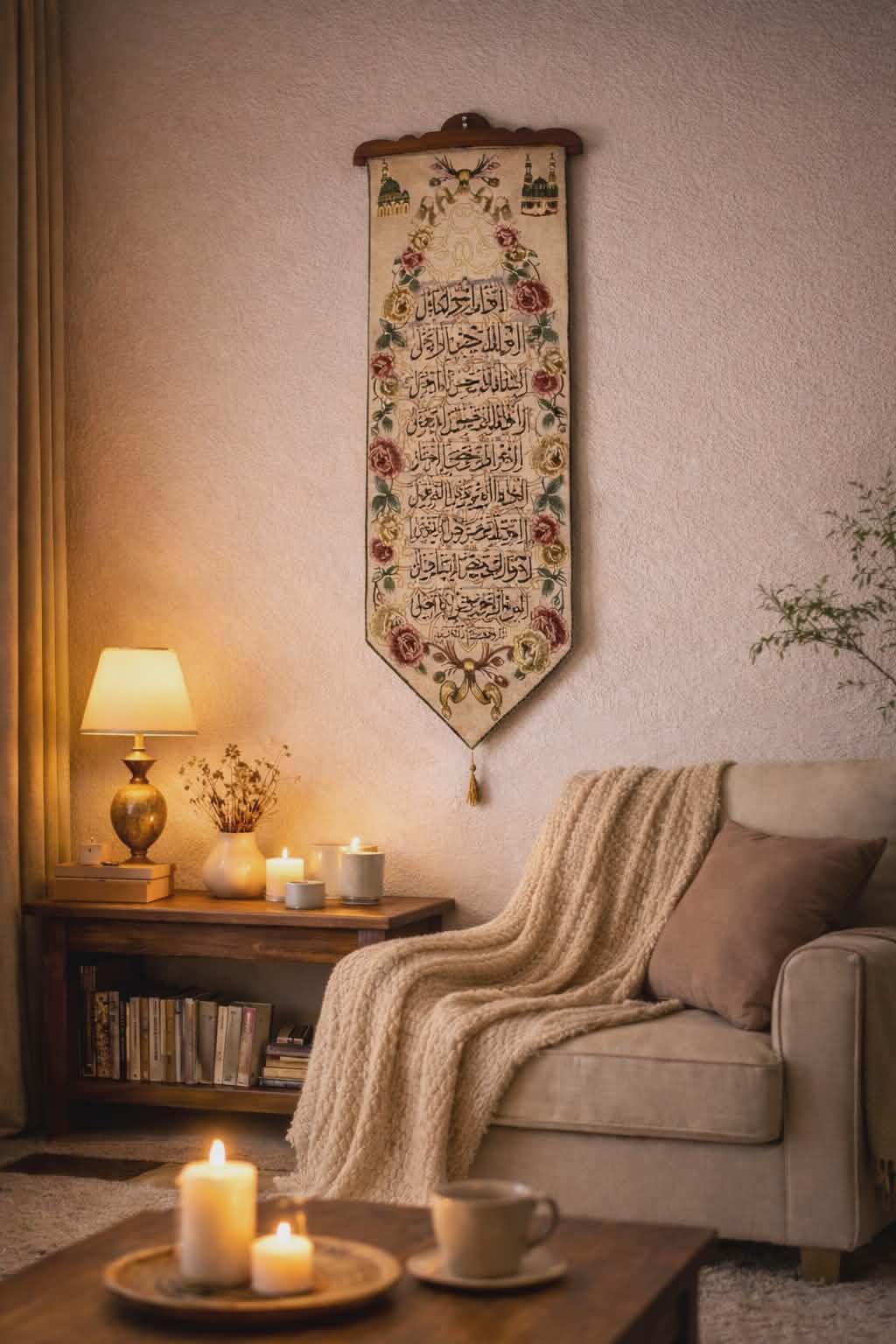 Islamic Wall Hanging with Arabic Calligraphy and Floral Design, Decorative Muslim Wall Décor for Living Room, Bedroom, or Prayer Space, 3'11" x 1'1"