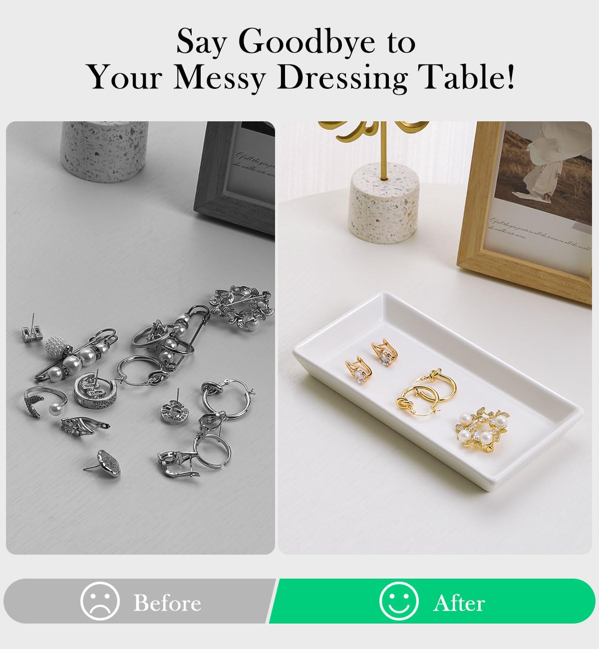 Emibele Jewelry Tray, Small Rectangle Ceramic Vanity Tray Jewelry Dish, Trinket Perfume Tray for Cosmetics, Rings, Bathroom Kitchen Soap, White