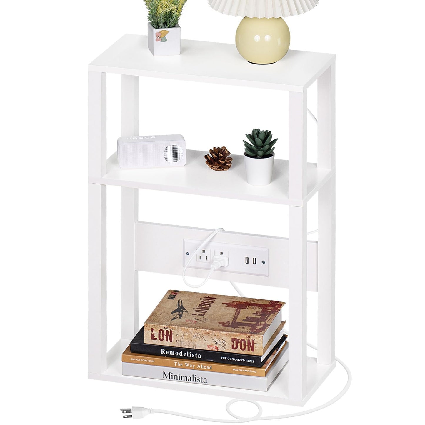 YUFAM 3-Tier Small Narrow Wood Side Table with Charging Station, Skinny Nightstand for Small Space, Slim Bedside Table with Storage for Couch, Thin End Table with USB Ports and Outlets, White
