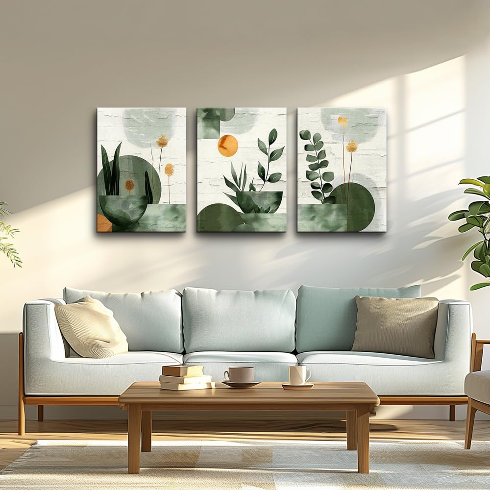 TTHYUEWS Boho Wall Art For Bedroom Canvas Wall Decor For Living Room Office Abstract Decorations Plant Wall Paintings Geometry Pictures Artwork Modern Bathroom Home Decor Ready To Hang 3 Piece