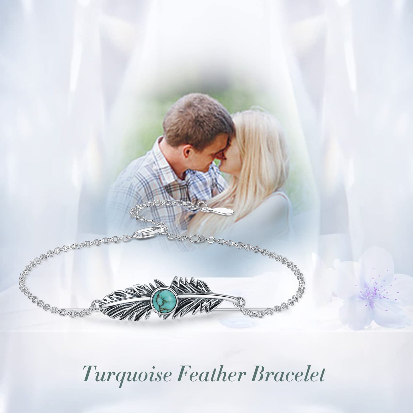 BETHZA Feather Turquoise Bracelet for Women Sterling Silver Genuine Turquoise Gemstone Link Adjustable Bracelet Navajo Jewelry Gift for Birthday Mothers Day (7+2")