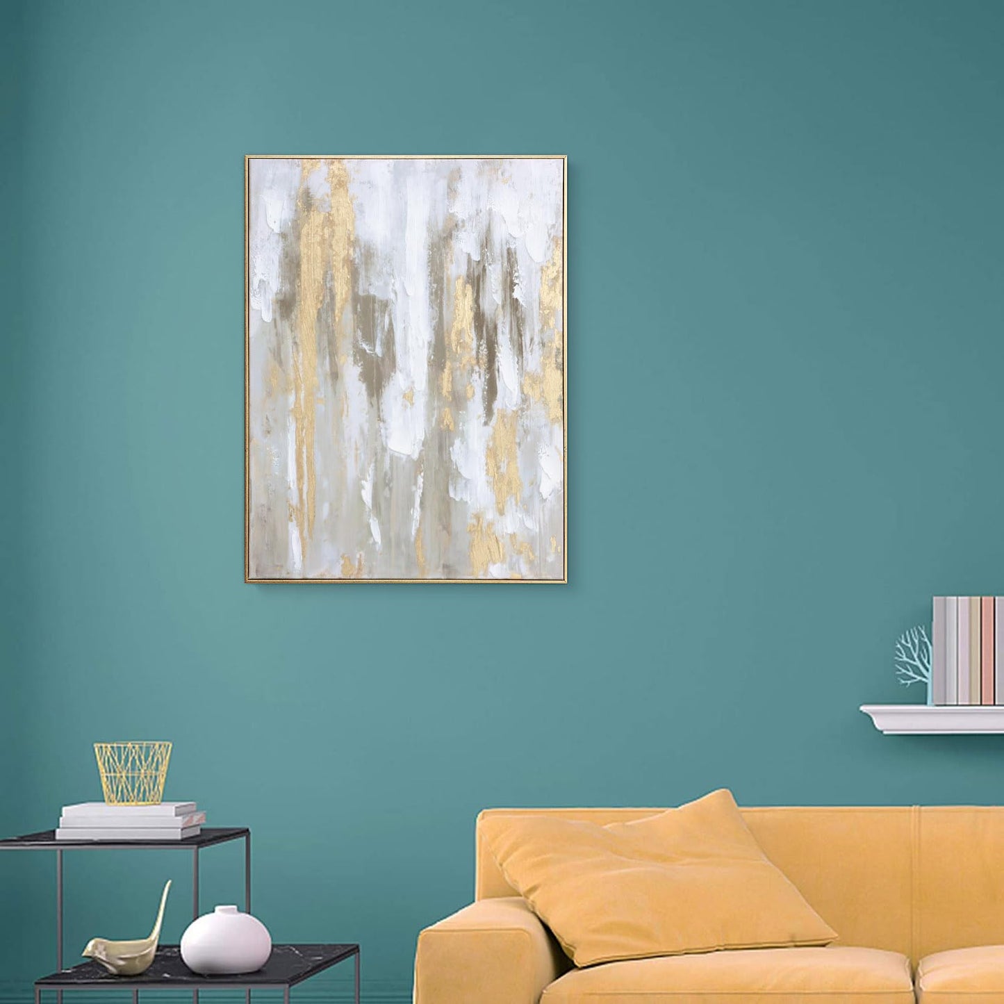 Gold Abstract Wall Art Decor - Framed Texture Paintings Modern Canvas Artwork with Hand-Painted Gold Foil for Modern Style Decor, Ready to Hang