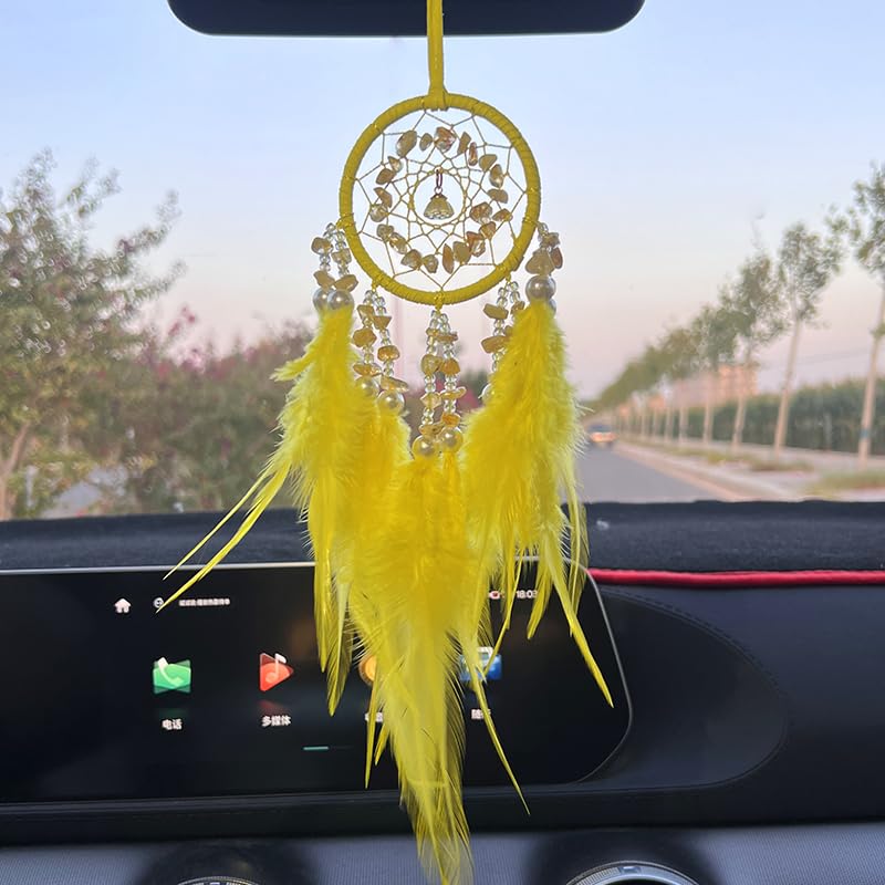 Small Dream Catcher for Car Handmade Boho Hanging Decor for Car Interior Rear View Mirror Feathers Dream Catchers Charms Ornament(Yellow)