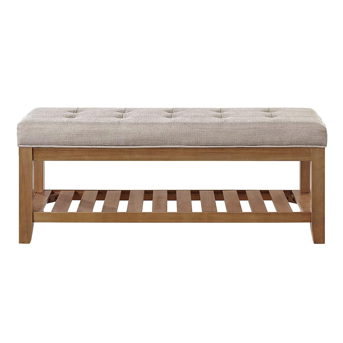 24KF Large Rectangular Upholstered Tufted Linen Fabric Ottoman Bench, Padded Bench with Solid Wood Shelf-Linen