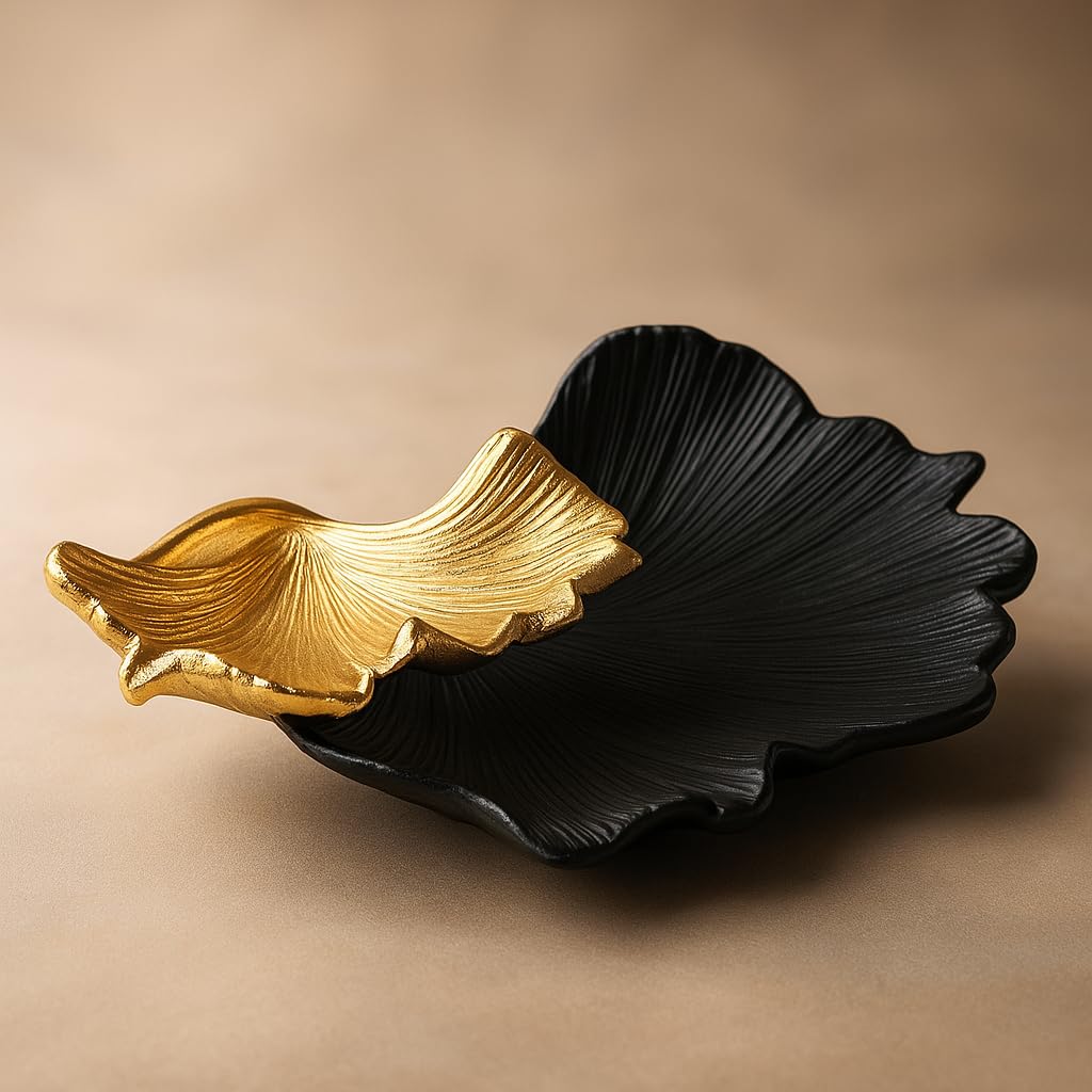 GUTE Large Decorative Black & Gold Ginkgo Leaf Tray for Serving Fruits, Appetizers - 2 Tier Centerpiece Home Decor Elegant Serveware Charchuterie Catch All for Entertaining, Wedding Gifts 11.5x13