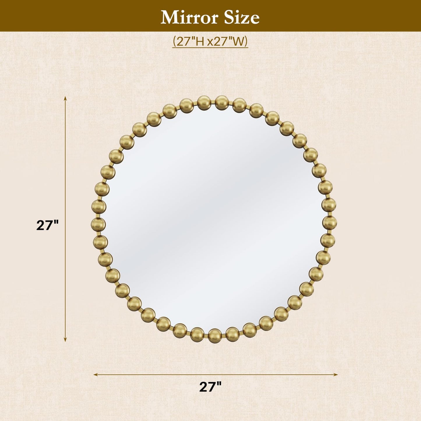 PERHOM Wall Mirror Decor Modern - Round Gold Large Beaded Mirror Decor,Circle Wall Mirror for Hallway,Bathroom,Living Room,Dining Room,Badroom,Entryway,27'' Metal Framed