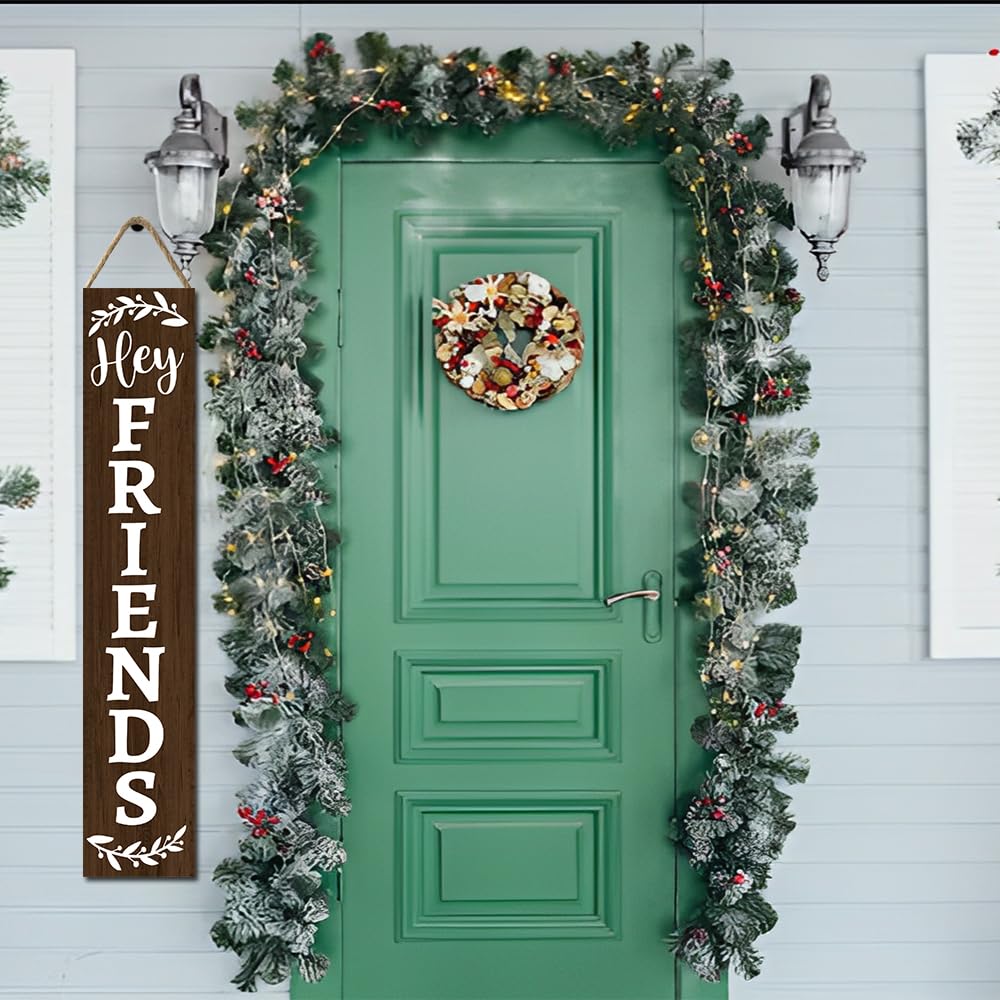 Houseuse (48inx8in Hey Friends Front Porch Sign Xmas Door Sign Merry Hanging Signs Christmas Decoration Farmhouse Outdoor Yard Housewarming Gifts