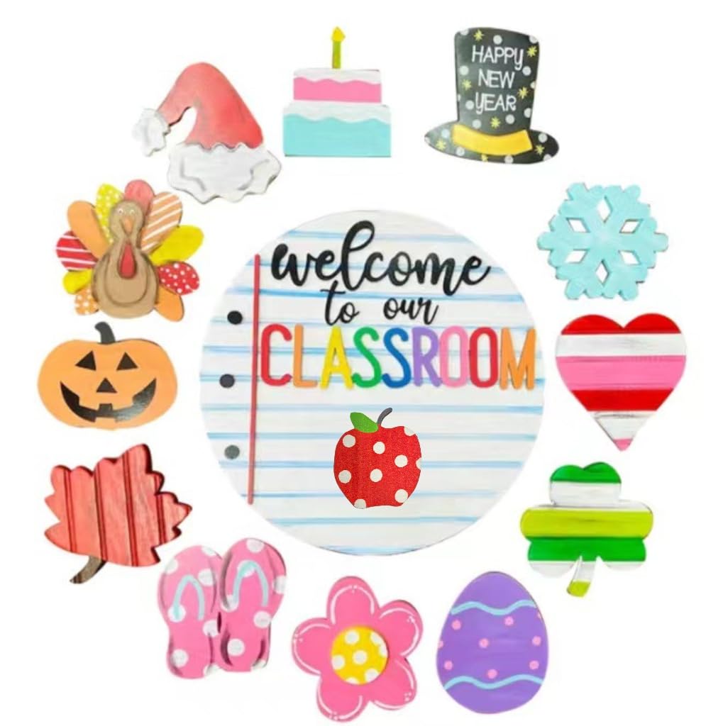 Welcome to Classroom Front Door Decoration Sign, Seasonal Door Sign,- Interchangeable Wooden Plaque for Classroom/Home, DIY Wall Decor for Christmas Holidays & Back-to-School,13 Patterns