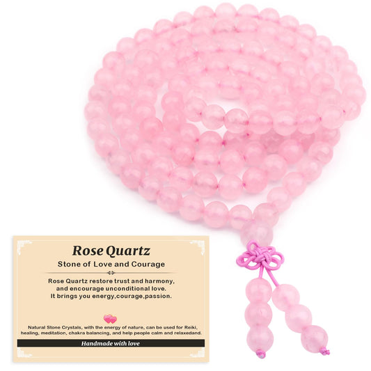 AD Beads 8mm 108 Prayer Mala Rose Quartz Elastic Bracelet - Love and Courage - Handmade Yoga Meditation Healing Power Energy Gifts for Unisex Adult.