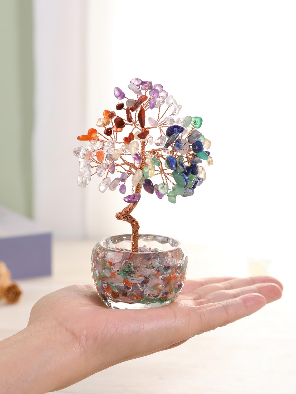 Top Plaza Healing Crystals 7 Chakra Stone Tree with Glass Base Handmade Natural Gemstone Life Tree Mini Bonsai Money Trees Good Luck Home Office Desk Decor