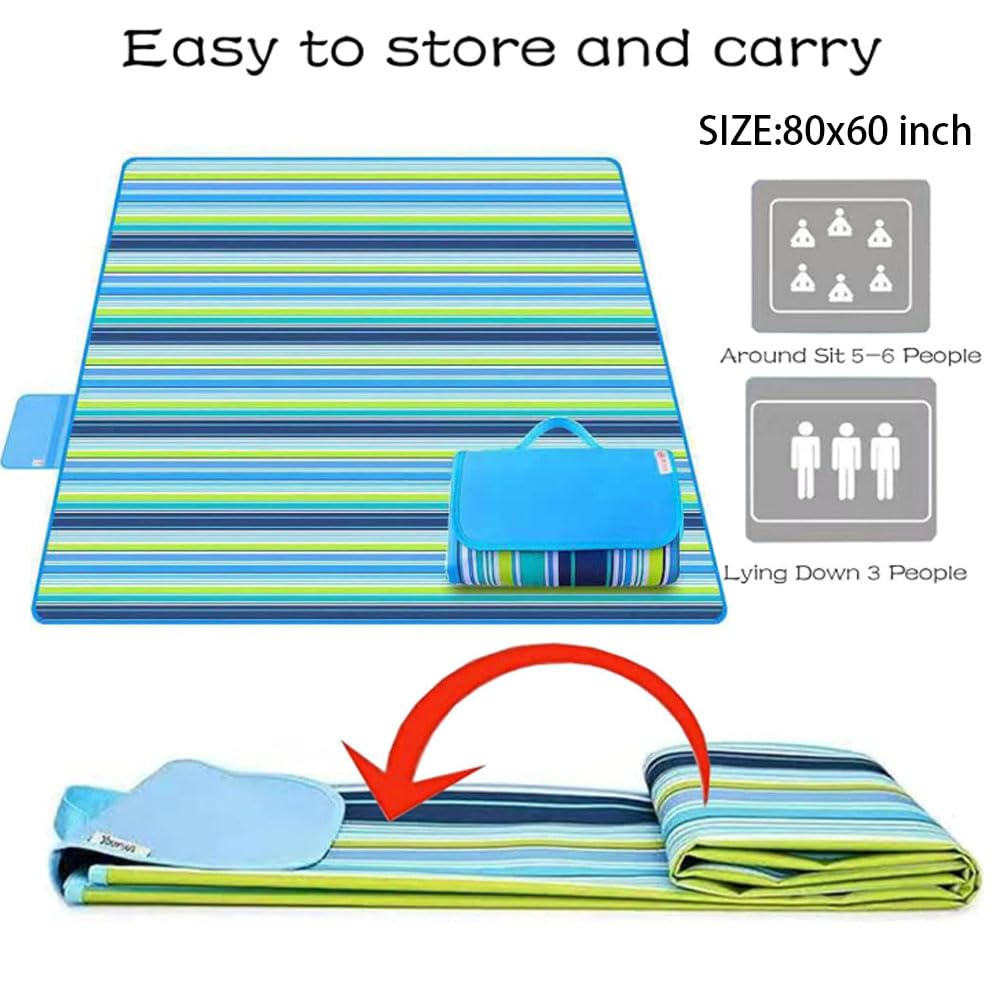 RUIBOLU Large Picnic Blanket, Beach Blankets(80X60) Inch Sandproof Beach Mat for 3-5 Adults Waterproof Quick Drying Outdoor Picnic Mat for Travel Camping Park Lawn (Blue Stripes)