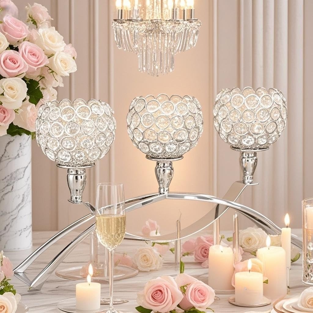 Vidisan Crystal Candle Holders 3 Arms Silver Candelabras,Candle Holder, Crystal Table Centerpieces for Wedding,Buffet Cabinet Candelabra Ornaments,Gift