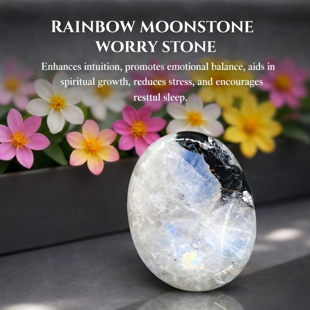 Wholesalegemshop Rainbow Moonstone Thumb Worry Stones Metaphysical Gemstone Crystal Healing Reiki Men Women Gift FENG Shui Positive Energy Love Wellness Palm Stones Wicca Powerful