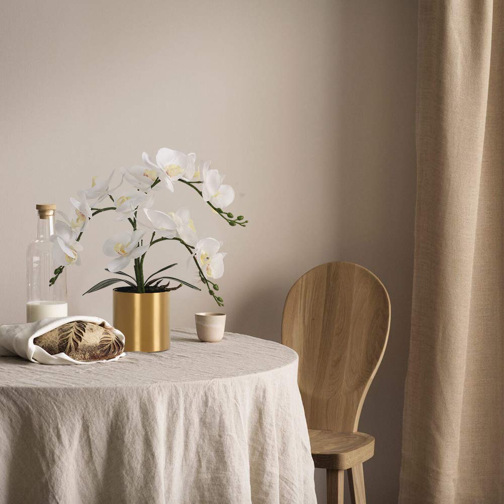 LESING Potted Artificial Orchid Flowers,Real Touch White Fake Artificial Orchid Flower in Gold Vase Arrangement for Table Living Room Decoration (White,Gold Vase)