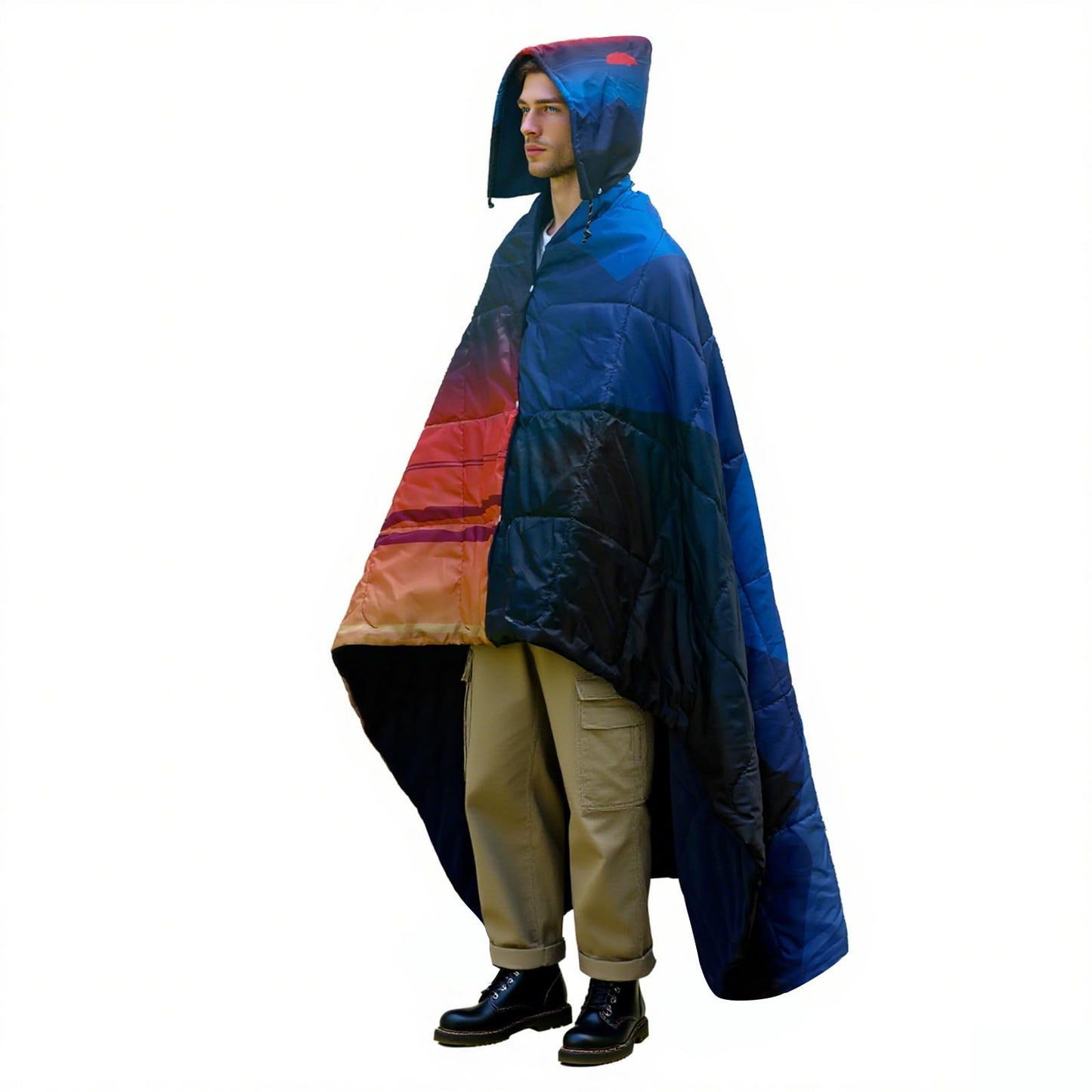 zzlamb Hooded Stadium Camping Blanket,Waterproof Outdoor Blanket Polar Fleece,Warm Windproof Portable for Stadium,Picnic,Sports,Beach,Car,Pets,56x75in Blue Mount Red Sun