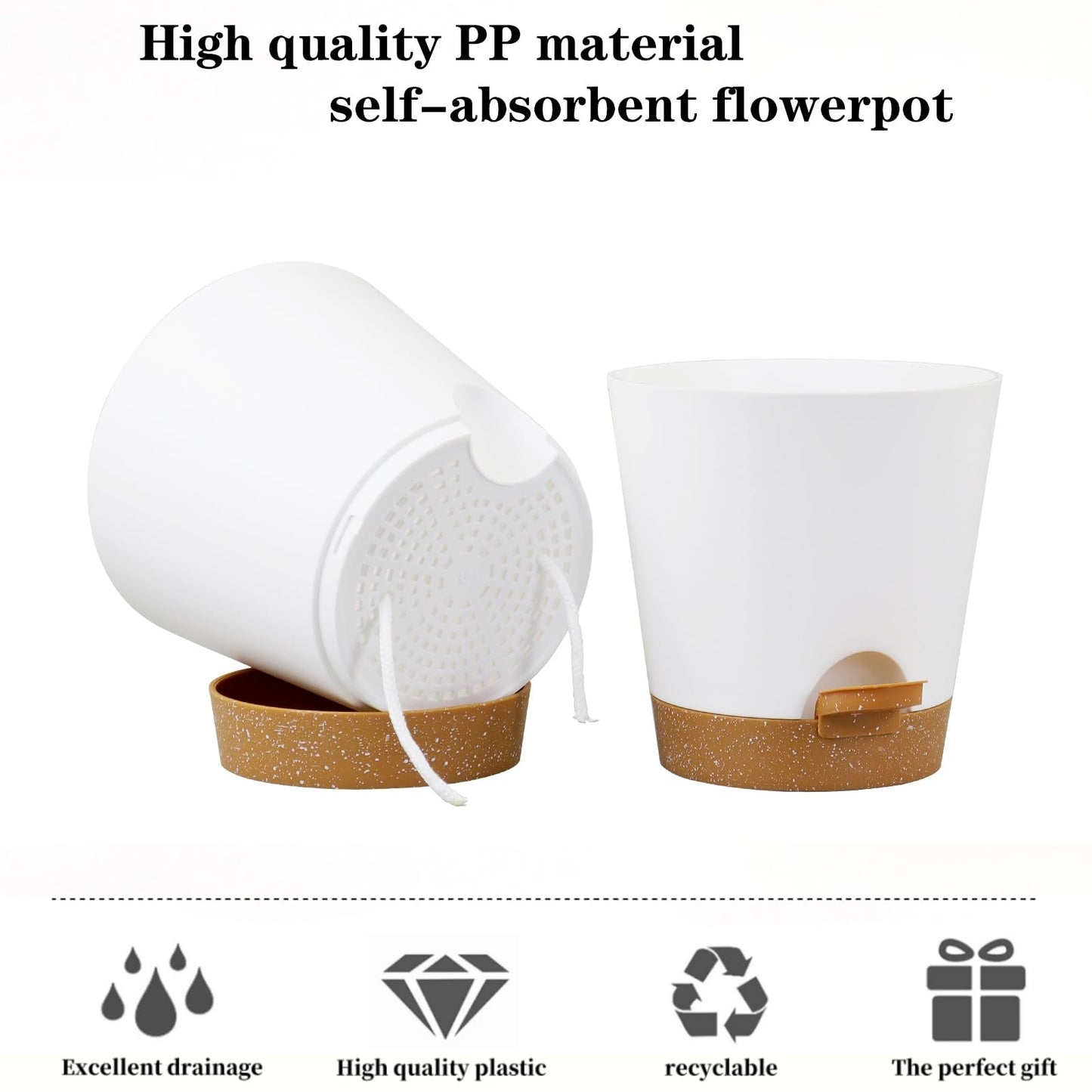 5 Pack 5 inch Self-Watering Pots, African Violets Planter with Drainage Holes and Reservoir, White Brown Plastic Planter for Indoor Outdoor Plants Flowers and Houseplants White Brown, 5 inch 5 pcs