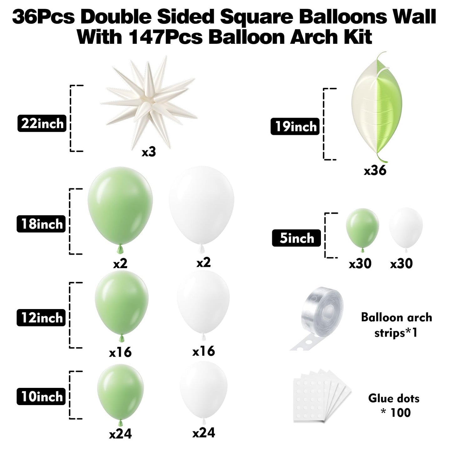 HKYOOD 36pcs Cream Green and Cream White Square Foil Balloons Wall Backdrop with 147pcs Balloon Garland Arch Kit, Double Sided Balloons for Birthday Wedding Bridal Shower Baby Shower Party Decorations