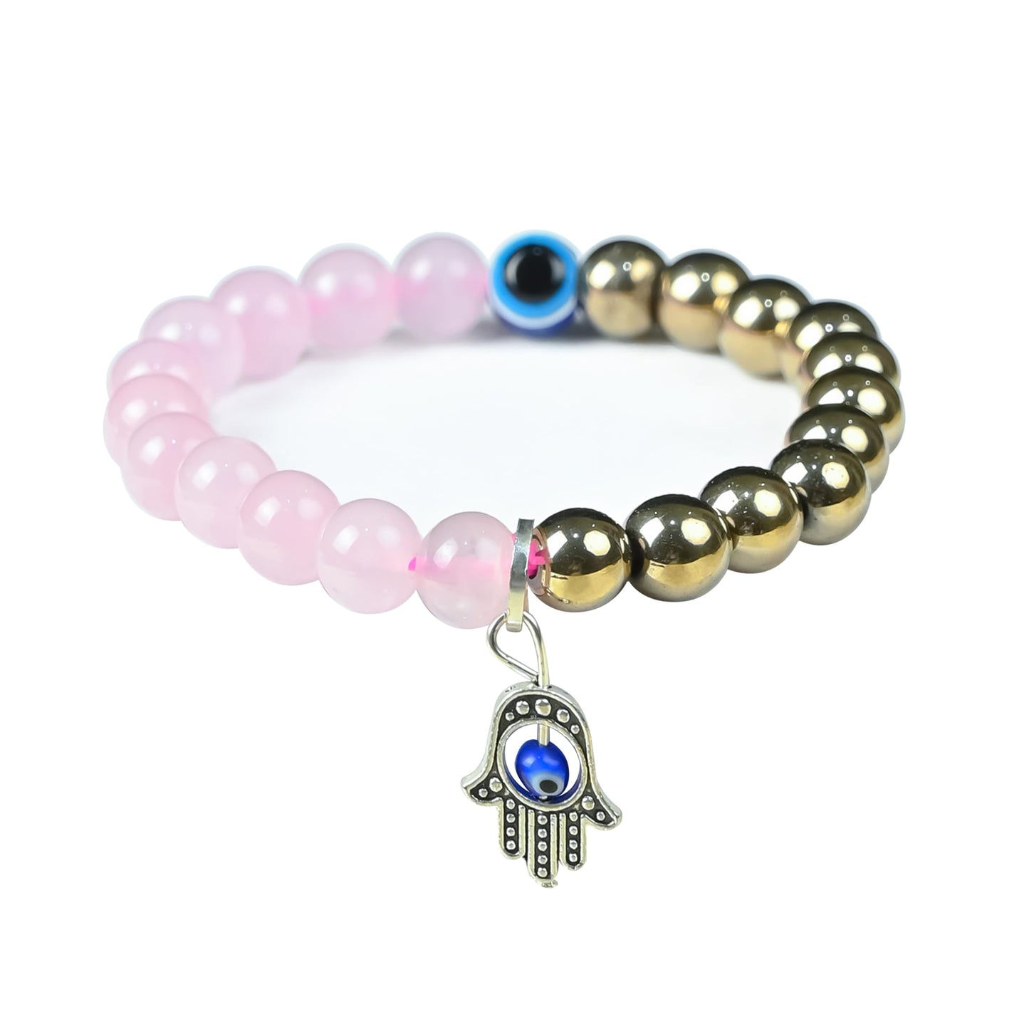 Crocon Pyrite and Rose Quartz Beaded Bracelet with hamsa symbol Healing Crystals & Gemstones Evil Eye Charm Beads Bracelet for Men & Women Birthday Mom Inspirational Gifts for Her 8mm Beads