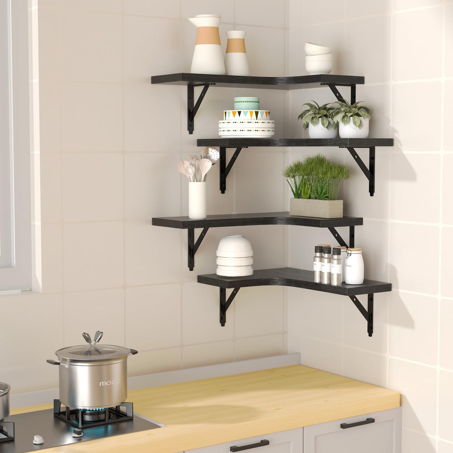 ROMGUAR CRAFT Corner Floating Shelves Wall Mounted Set of 4, Rustic Wood Storage Display Shelves for Home Decor, Bathroom, Kitchen, Bedroom, Living Room, Office (Black)