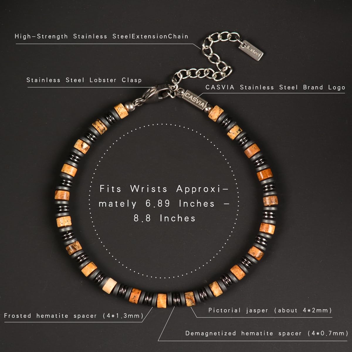Casvia Picture Stone Beaded Bracelet for Men, Adjustable Hematite Stainless Steel Chain, Durable Mens Jewelry for Daily Wear, Ideal Gift for Father, Boyfriend, Husband