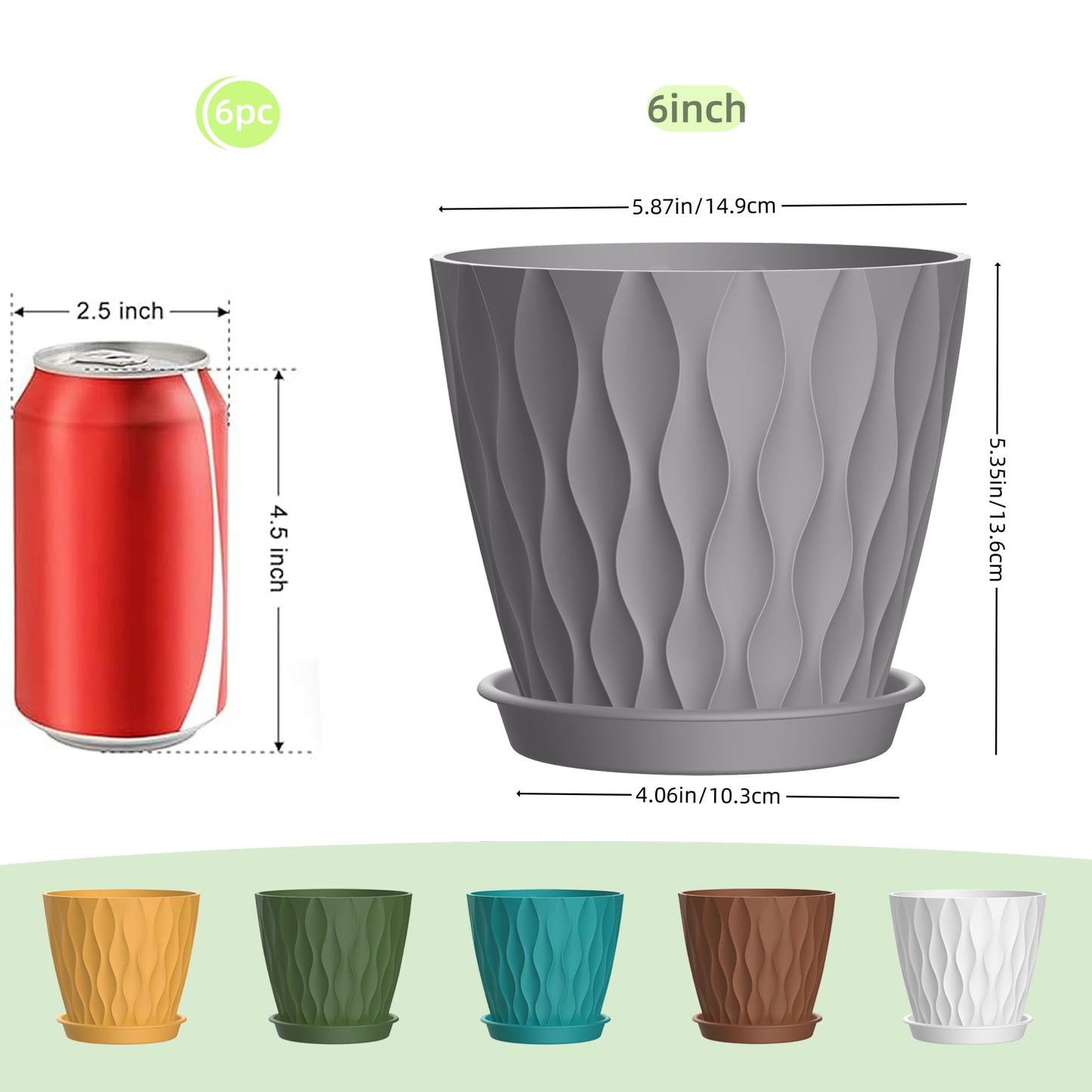 SQKH 6 Inch Plant Pots, 6 Pack Indoor Flower Pots, Planters with Drainage Holes and Trays for Orchids, Violets, Succulents, Herbs, and Other Plants,Corolful
