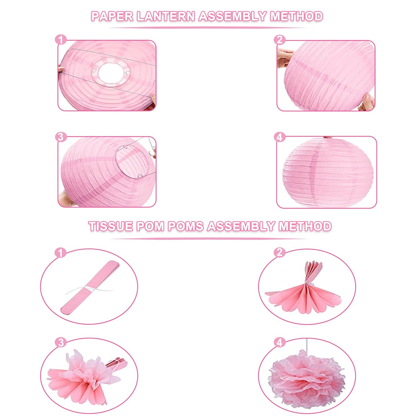 Celehappy Pink Paper Lanterns - Party Decorations Tissue Pom Poms for Weddings Birthdays - 18pcs Hanging Lanterns - Pink/White/Rose