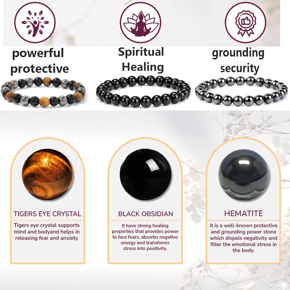Crgwxzl 3pcs Triple Protection Bracelet, Genuine Tigers Eye Black Obsidian and Hematite 8mm Beads Bracelet for Men Women, Crystal Jewelry Stone Bracelets for Men Bring Luck Prosperity
