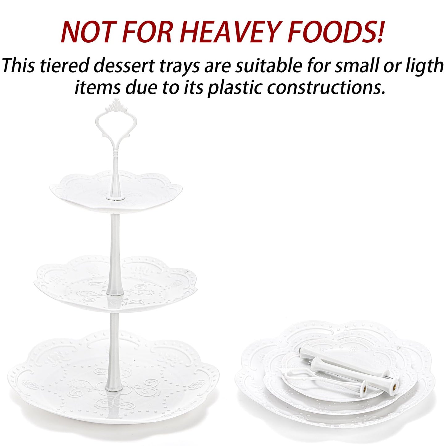 Tosnail 3 Pack 3 Tiers White Plastic Cupcake Stand Dessert Stand Tiered Serving Trays - Round, Square, Flower