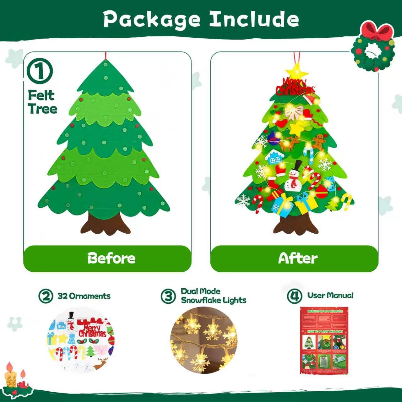 EMPOF Felt Christmas Tree for Toddlers - 3.3ft Felt DIY Tree Set for Kids Wall with Snowflake Lights + 32 Ornaments, Indoor Christmas Home Wall Hanging Decor Decorations, Xmas Activities Gifts