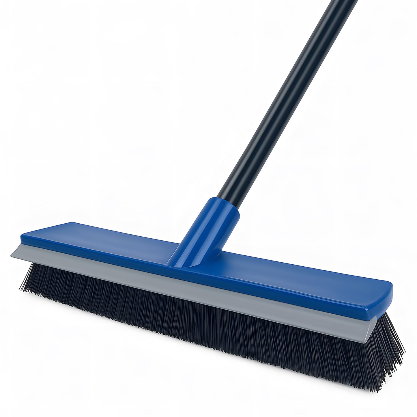 16 Inch 2-in-1 Squeegee Push Broom Outdoor Deck Brush 58" Long Handle for Patio Garage Warehouse Driveway Concrete Floor Cleaning Scrubbing(Blue)