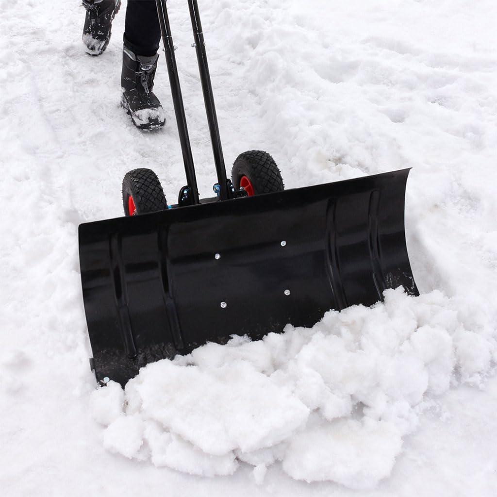 Heavy-Duty Snow Shovel with Wheels, 30" Wide Metal Snow Pusher with Adjustable Height & Angle Handle, Carbon Steel Blade, Ergonomic Double-Rod Design for Driveway, Sidewalk, and Path Snow Removal