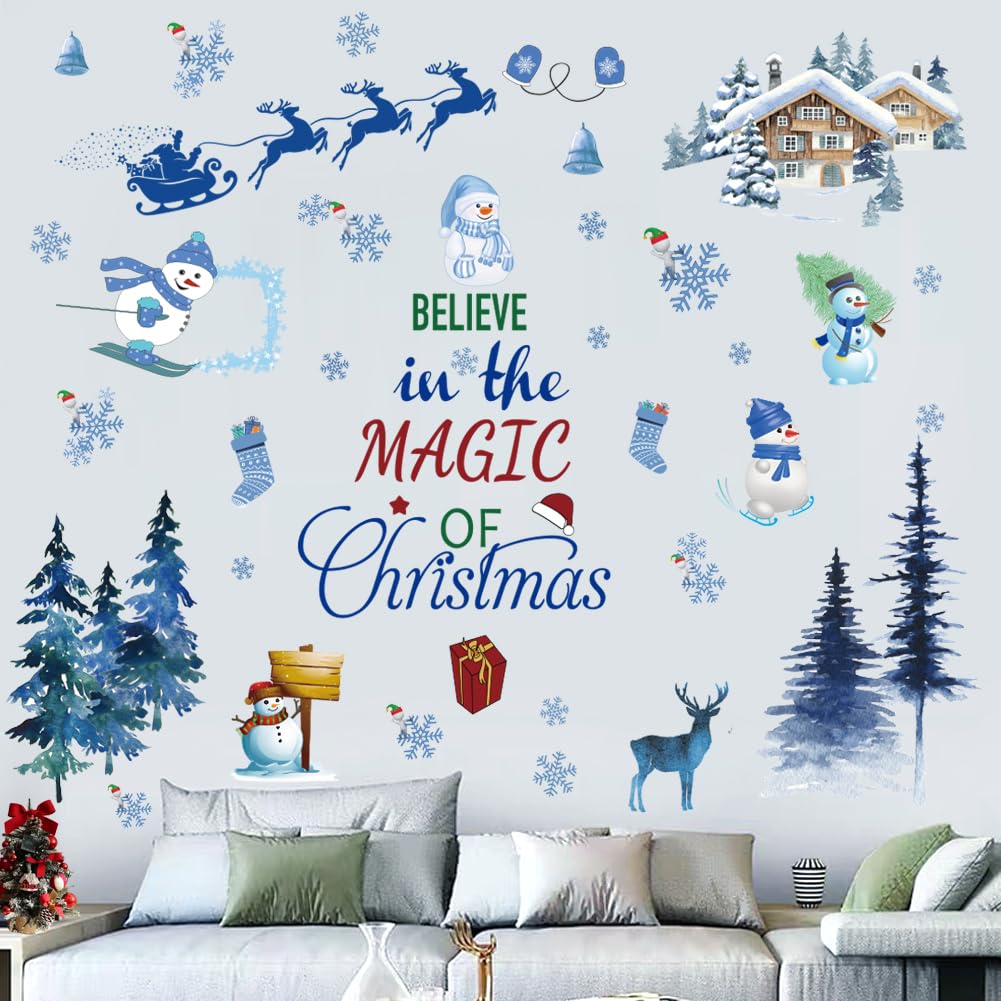 Santa Claus Christmas Tree Wall Sticker - Removable Vinyl DIY Wall Decor for Party, Playroom, Bedroom, Classroom, Living Room - Blue
