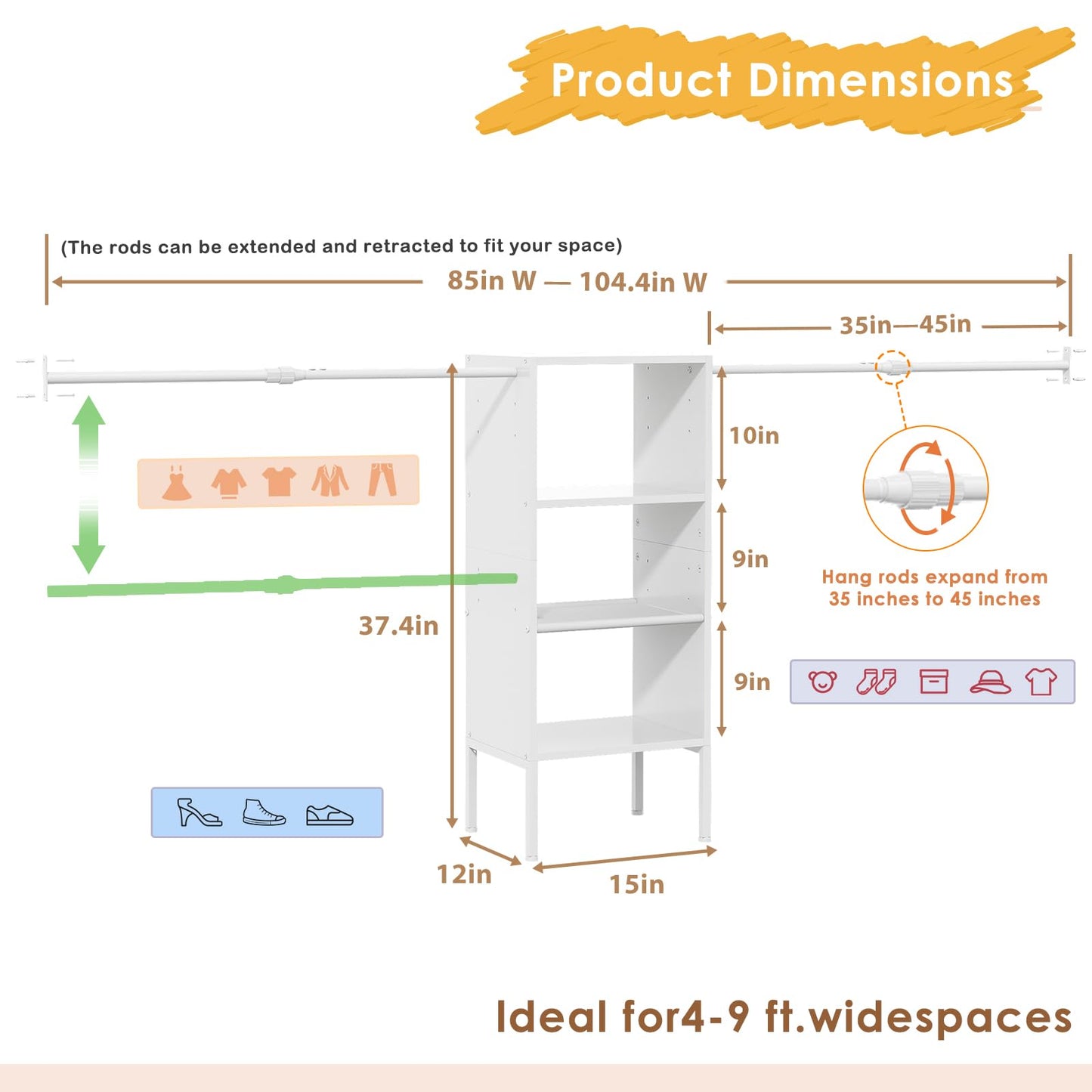 Small Closet System with Shelves, 5FT-8FT Closet Organizer System, Wooden Shelves for Closet with 2 Hanging Rods, Walk-in Closet Organizer, Adjustable Wardrobe Clothes Rack, Garment Rack, Pure White