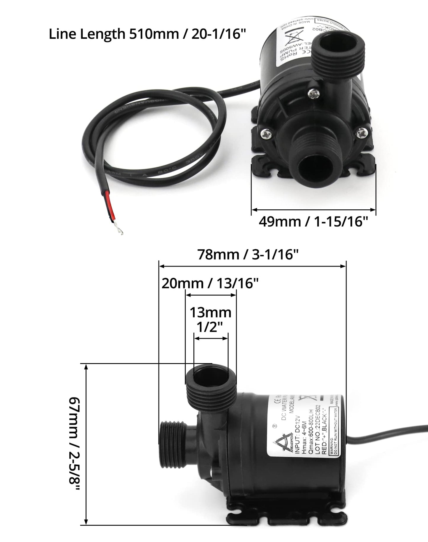 QWORK DC 12V Water Pump 800 L/H 5 m, Brushless Submersible Water Pump for Fountain Pool Solar Circulation System Water Circulation System